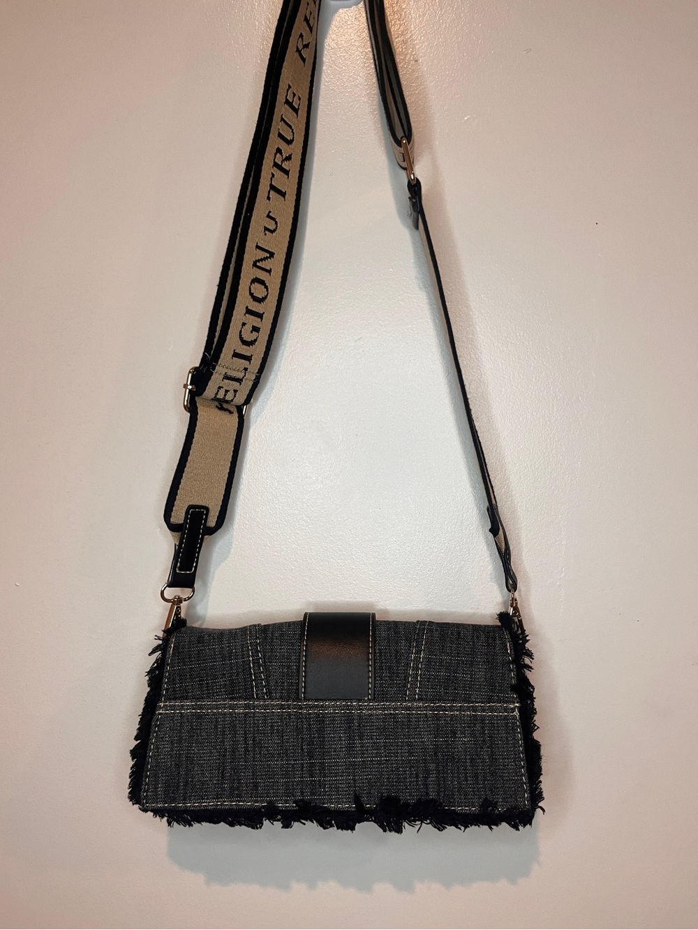 True Religion Frayed Denim Flap Crossbody Bag. - Picture 9 of 12
